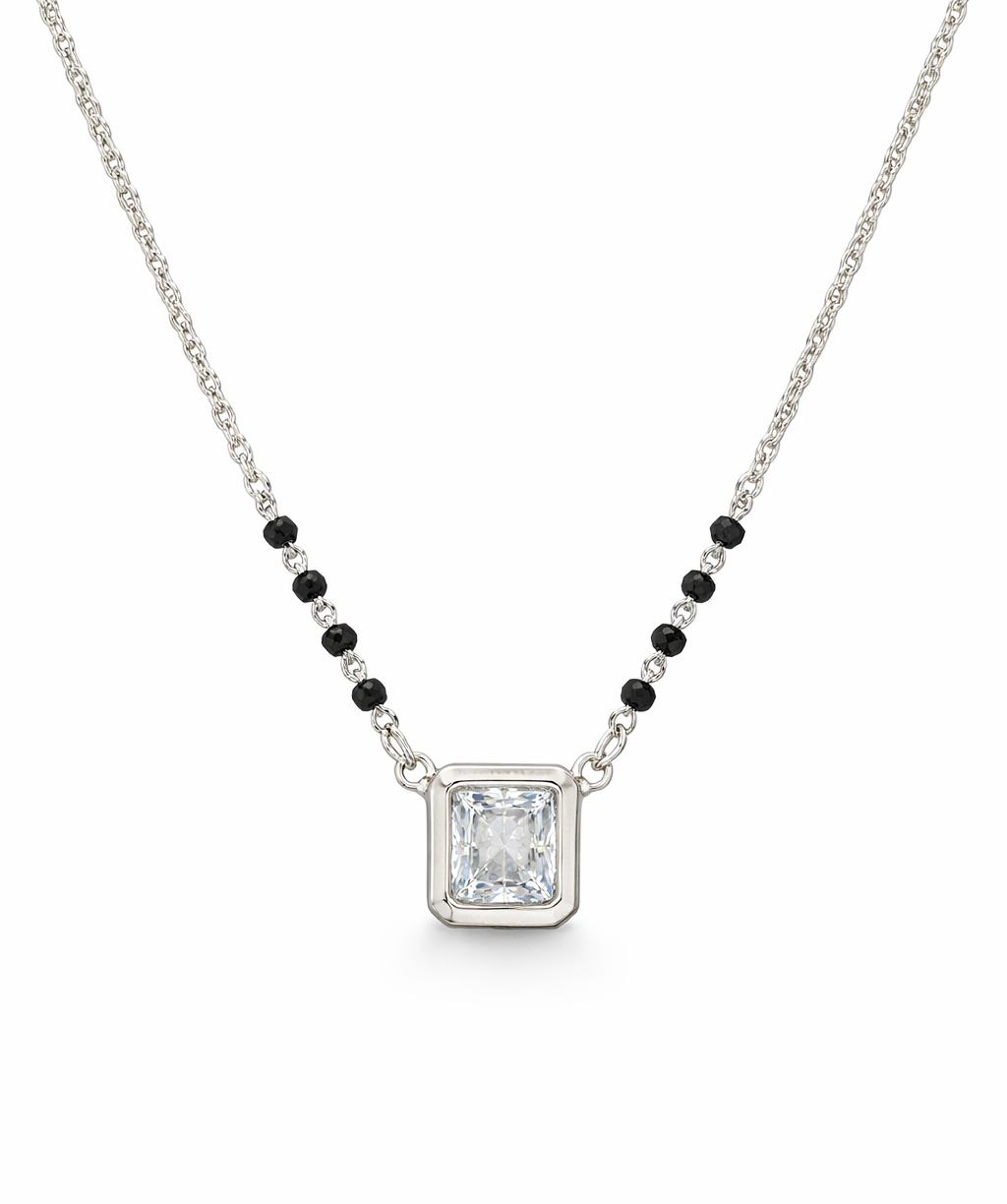 925 Sterling Silver Square Solitaire Mangalsutra with Black Bead Chain