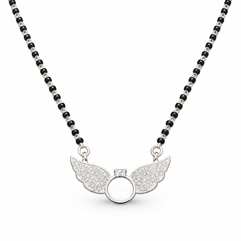 925 Sterling Silver Angel Wings Diamond Mangalsutra with Black Bead Chain