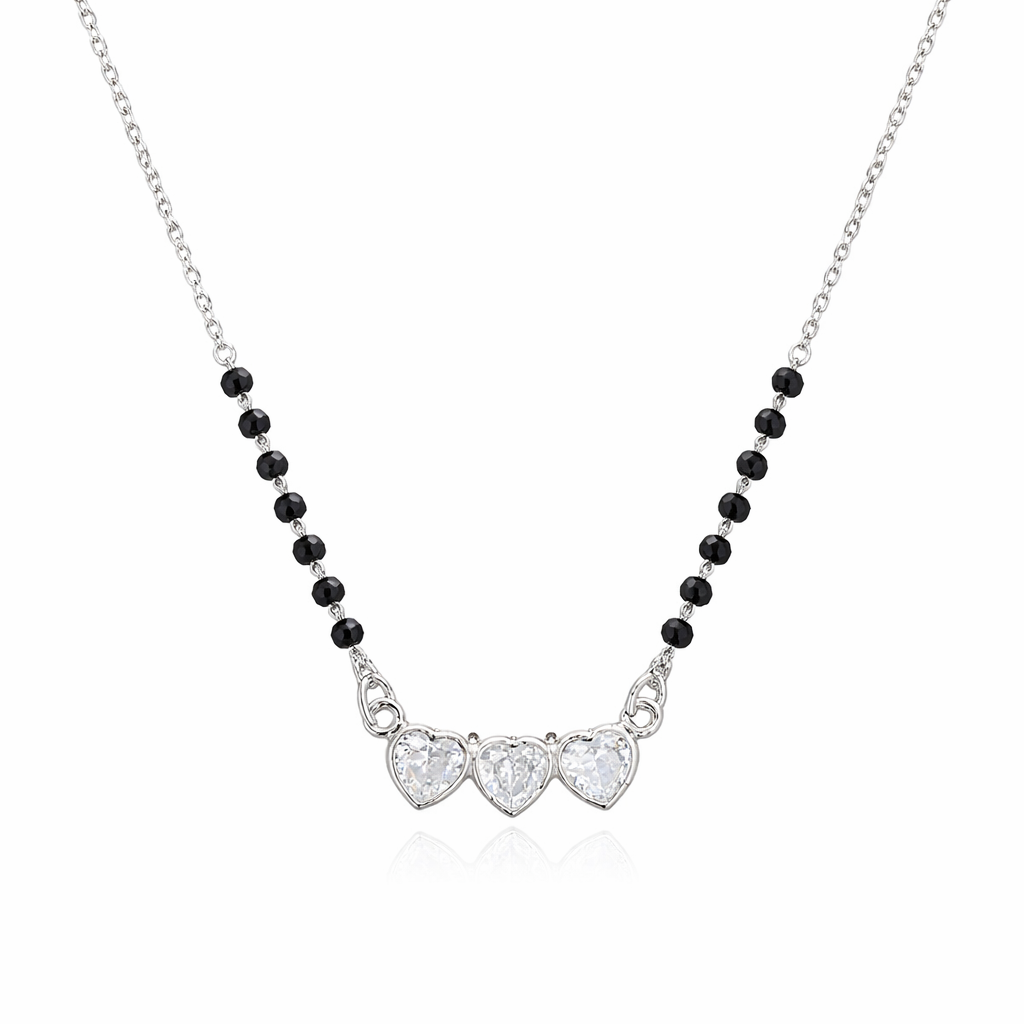925 Sterling Silver Triple Heart Diamond Mangalsutra with Black Bead Chain