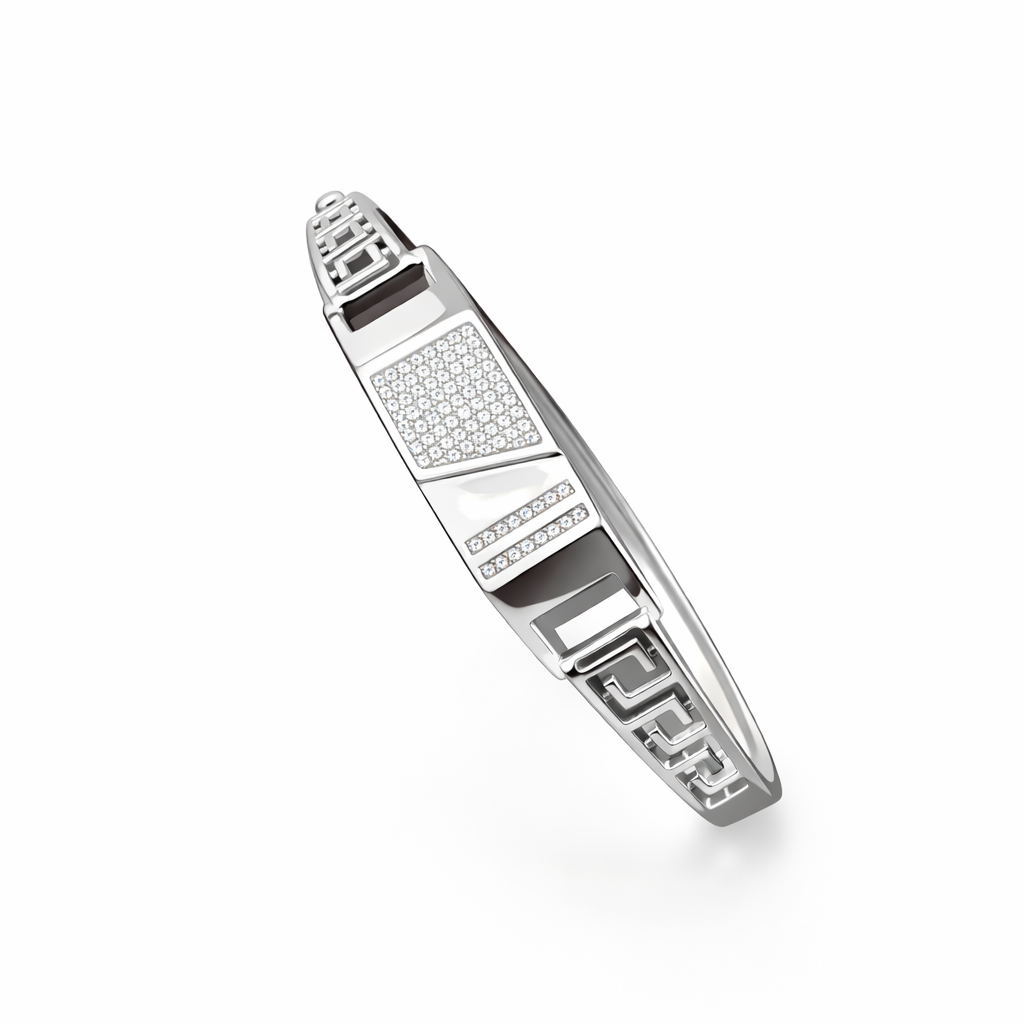 925 Sterling Silver Designer Kada for Men | Stone Studded Geometric Pattern Bracelet