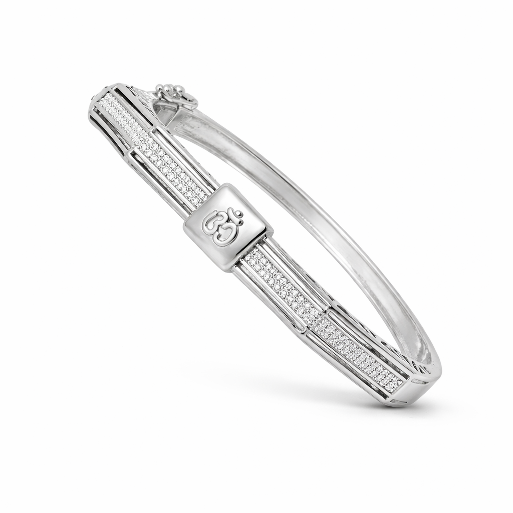 925 Sterling Silver Om CZ Kada for Men | Designer Silver Bracelet