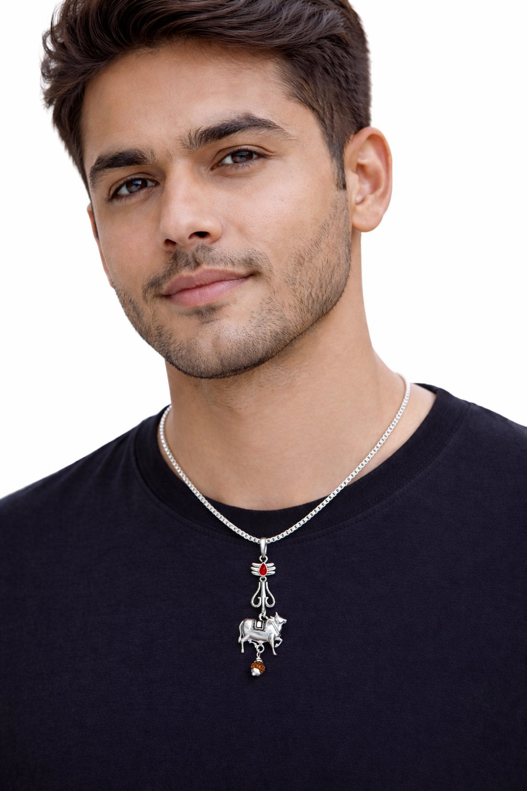925 Sterling Silver Shiv Trishul Damru Nandi Pendant with Box Chain for Men | Mahadev Rudraksha Necklace