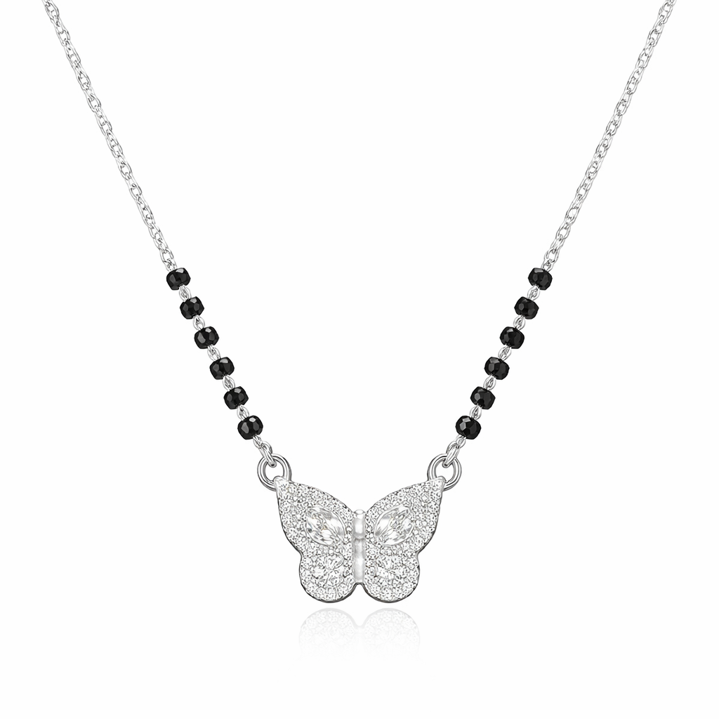 925 Sterling Silver Diamond Butterfly Mangalsutra with Black Bead Chain