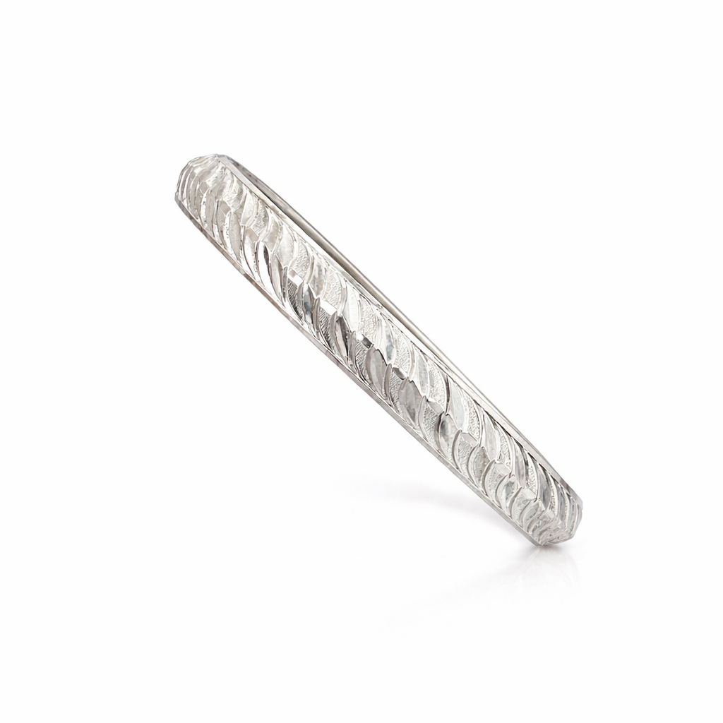 Men’s 925 Sterling Silver Cut Pattern Kada | Faceted Engraved Designer Bracelet for Men