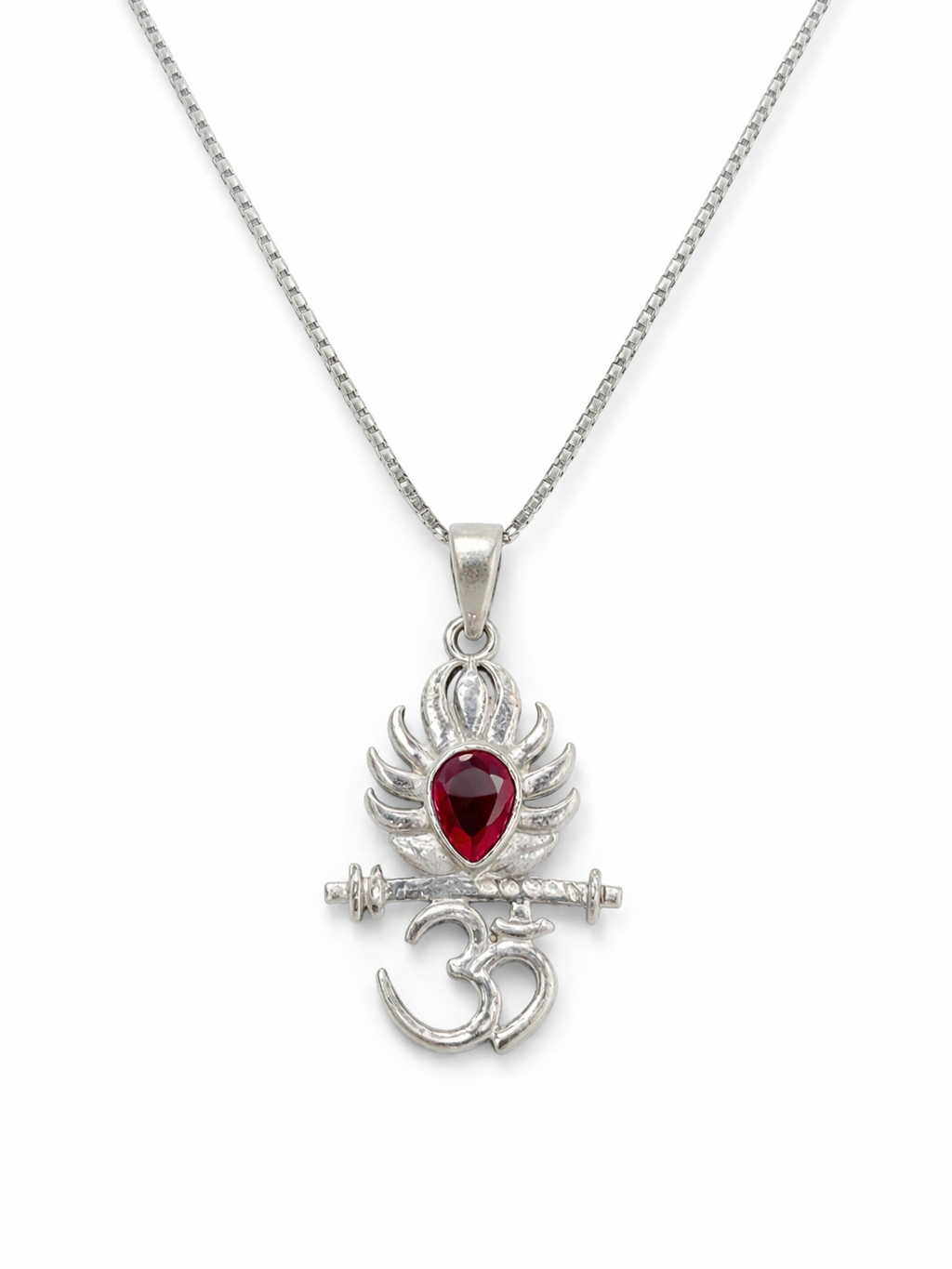 Zaviraa 925 Sterling Silver Om & Krishna Flute Pendant with Red Stone & Box Chain