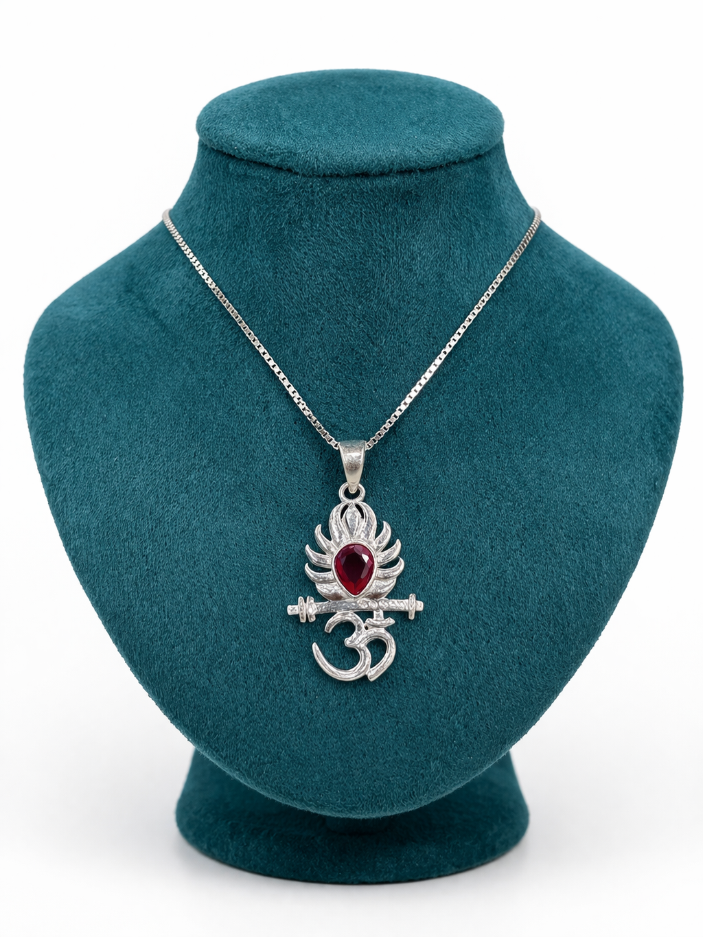 Zaviraa 925 Sterling Silver Om & Krishna Flute Pendant with Red Stone & Box Chain