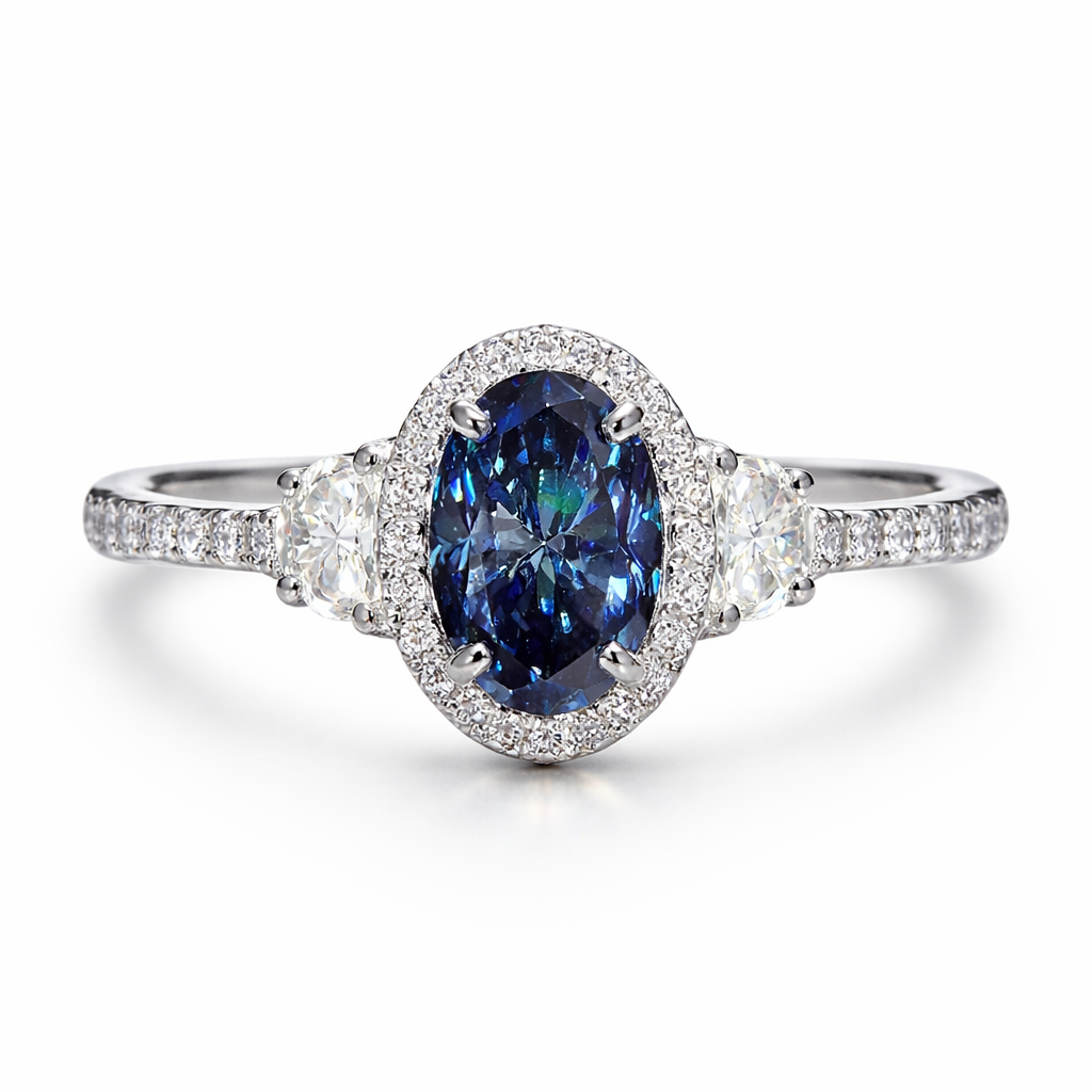 Zaviraa 2.50 CTW Oval Dark Blue Moissanite Halo Engagement Ring for Women – 925 Sterling Silver Statement Proposal Ring | Luxury Bridal Jewellery