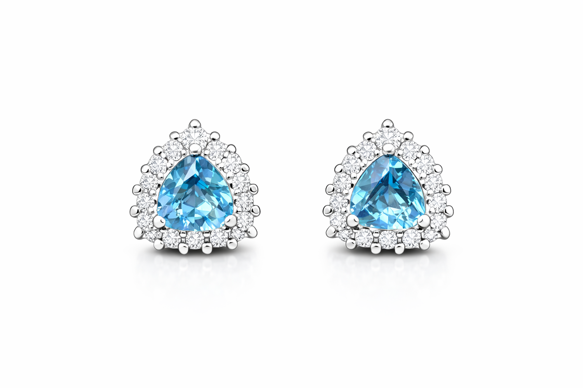 Triangle Blue Gemstone Halo Stud Earrings in 925 Sterling Silver
