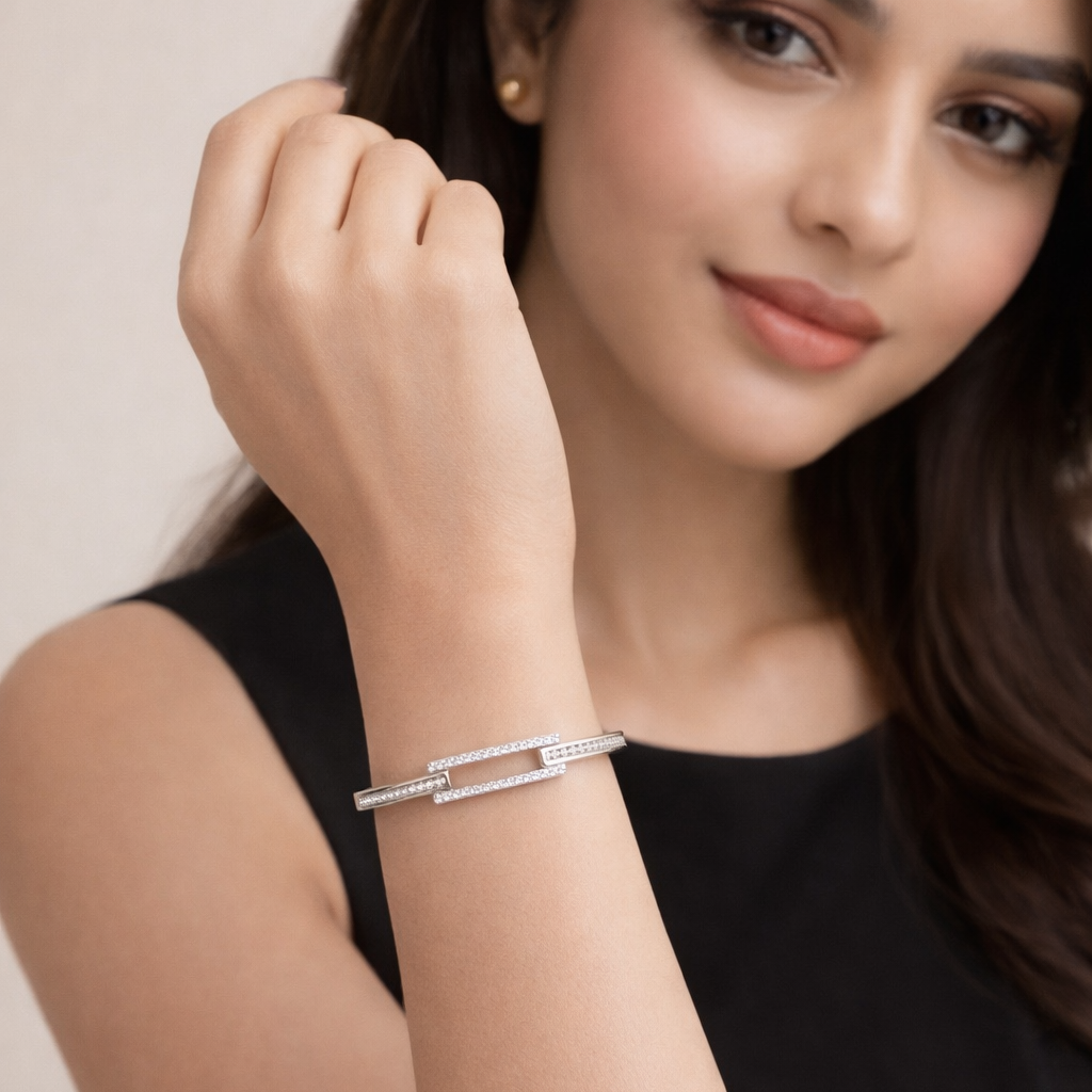 Elegant American Diamond Women Kada Bracelet in 925 Silver | Premium Openable Kada for Women