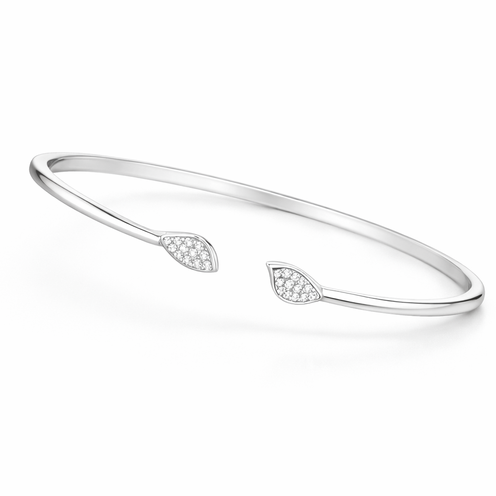 Leaf Design American Diamond Women Kada in 925 Silver | Elegant Openable Bracelet