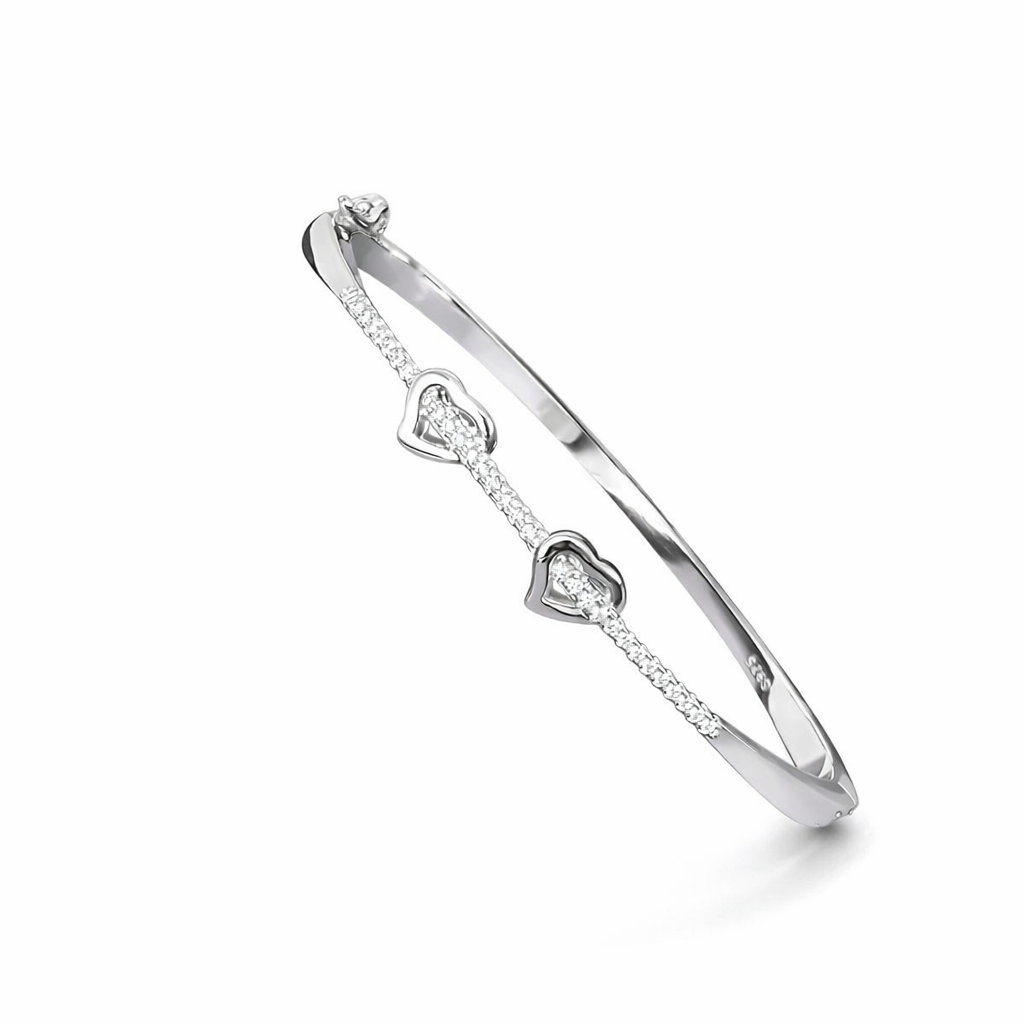 Sterling Silver Double Heart CZ Designer Bracelet Kada for Women