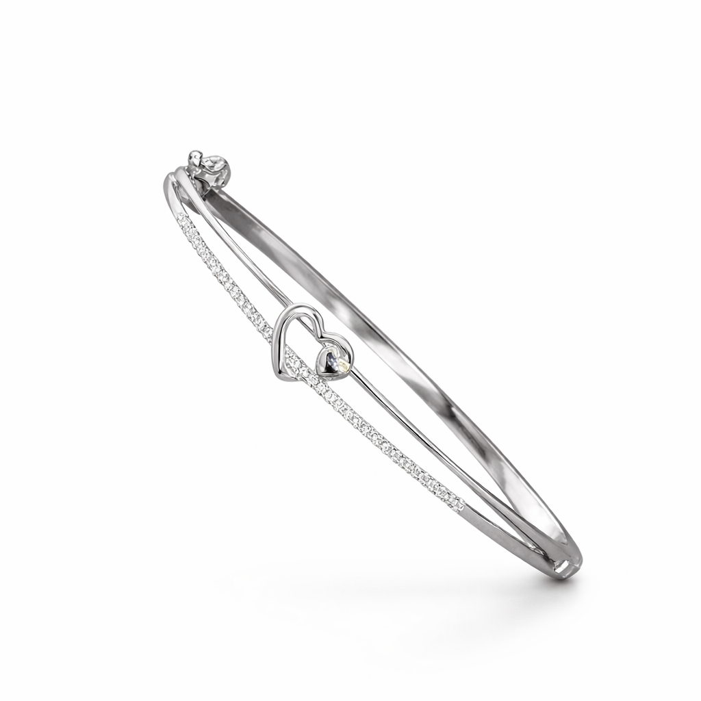 Sterling Silver Interlocking Heart CZ Designer Bracelet Kada for Women
