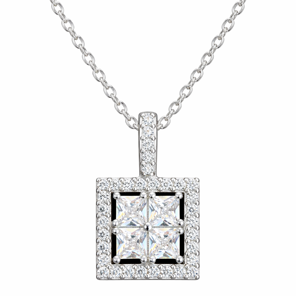 925 Sterling Silver Square Halo Pendant Necklace with Chain for Women