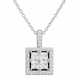 925 Sterling Silver Square Halo Pendant Necklace with Chain for Women