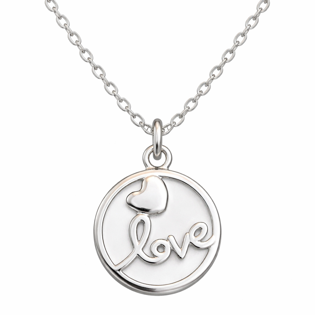 925 Sterling Silver Love Script Circle Pendant Necklace with Chain for Women