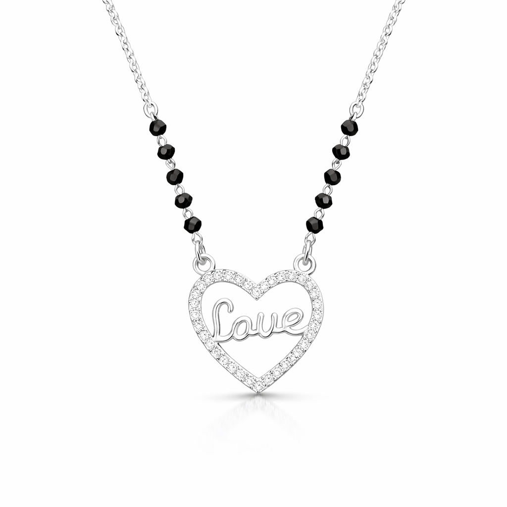 925 Sterling Silver Love Heart Diamond Mangalsutra with Black Bead Chain
