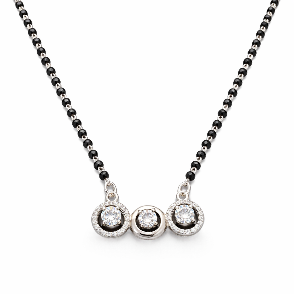 925 Sterling Silver Triple Halo Diamond Mangalsutra with Black Bead Chain