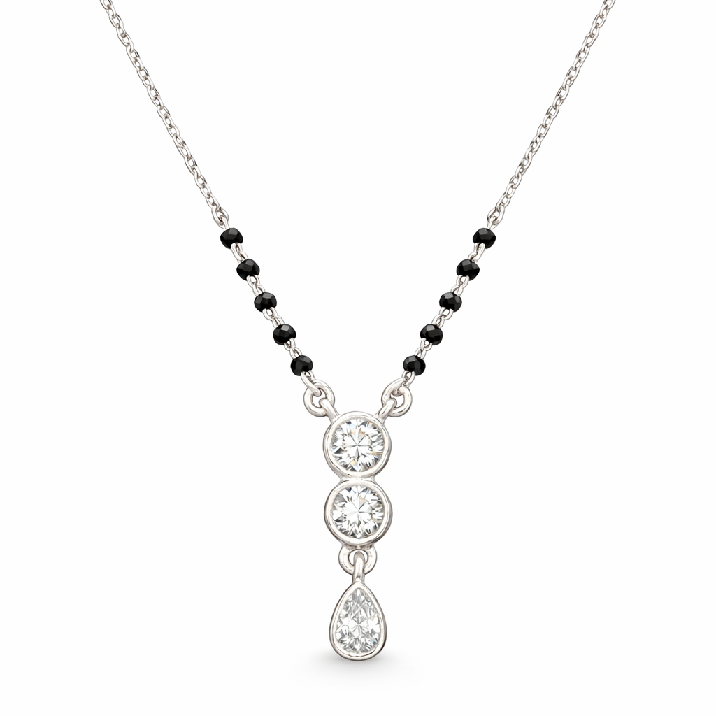 925 Sterling Silver Triple Stone Drop Mangalsutra with Black Bead Chain