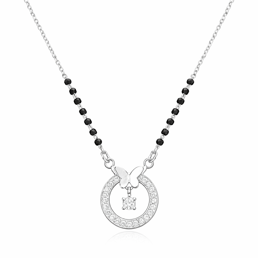 925 Sterling Silver Butterfly Circle Diamond Mangalsutra with Black Bead Chain