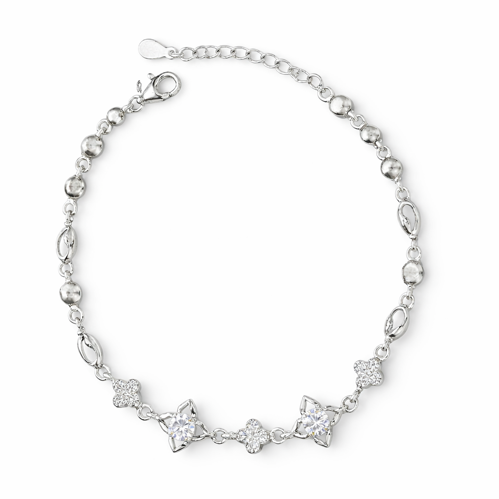 925 Sterling Silver Star & Floral CZ Bracelet for Women