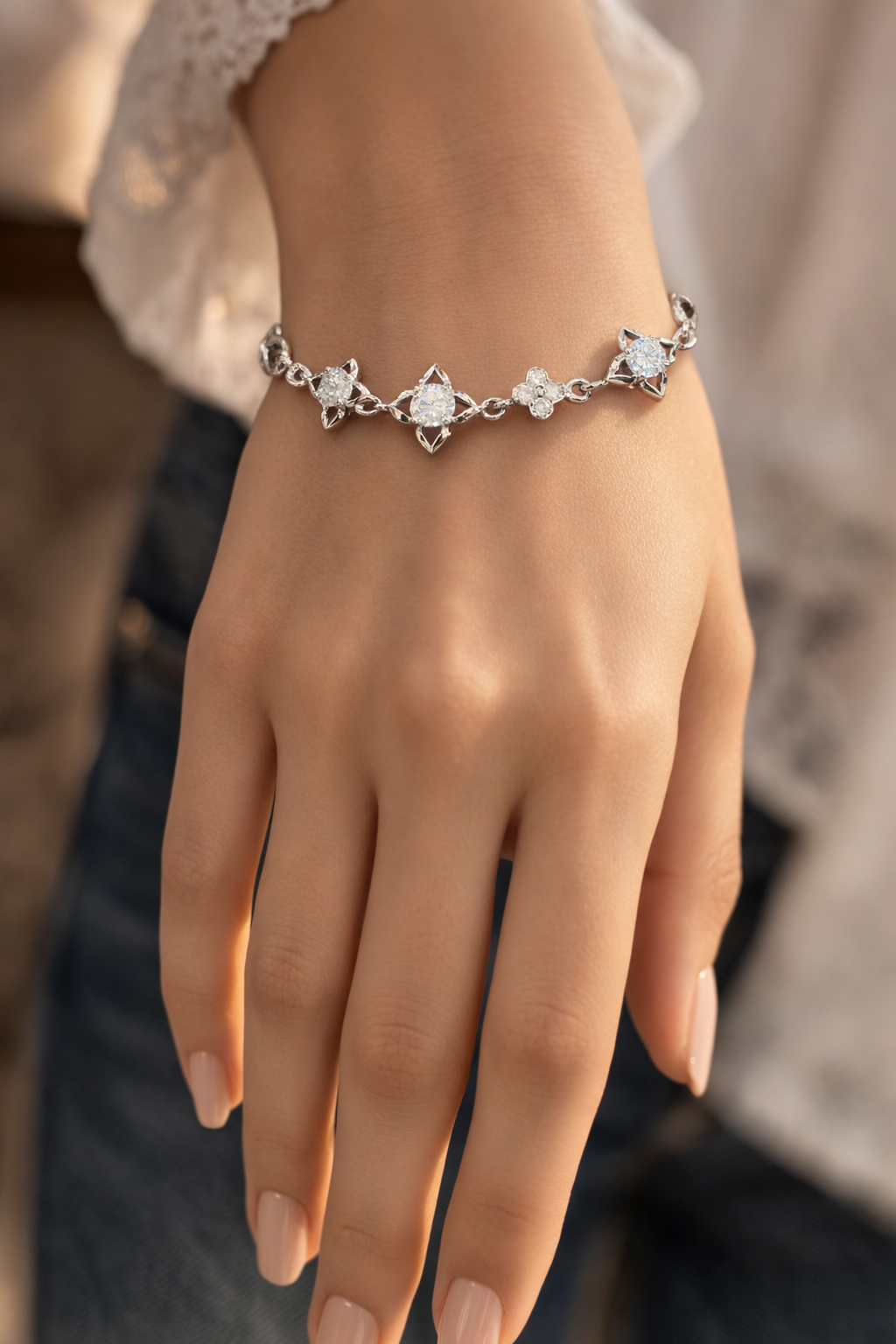 925 Sterling Silver Star & Floral CZ Bracelet for Women