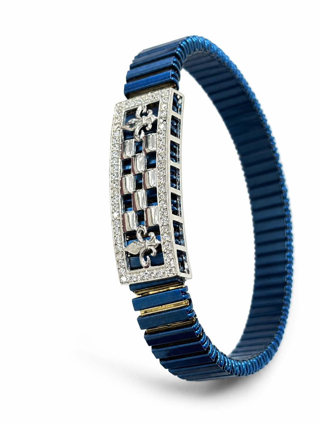 Zaviraa Royal Fleur-de-lis 925 Sterling Silver Checkered Bracelet with Blue Metallic Stretch Band