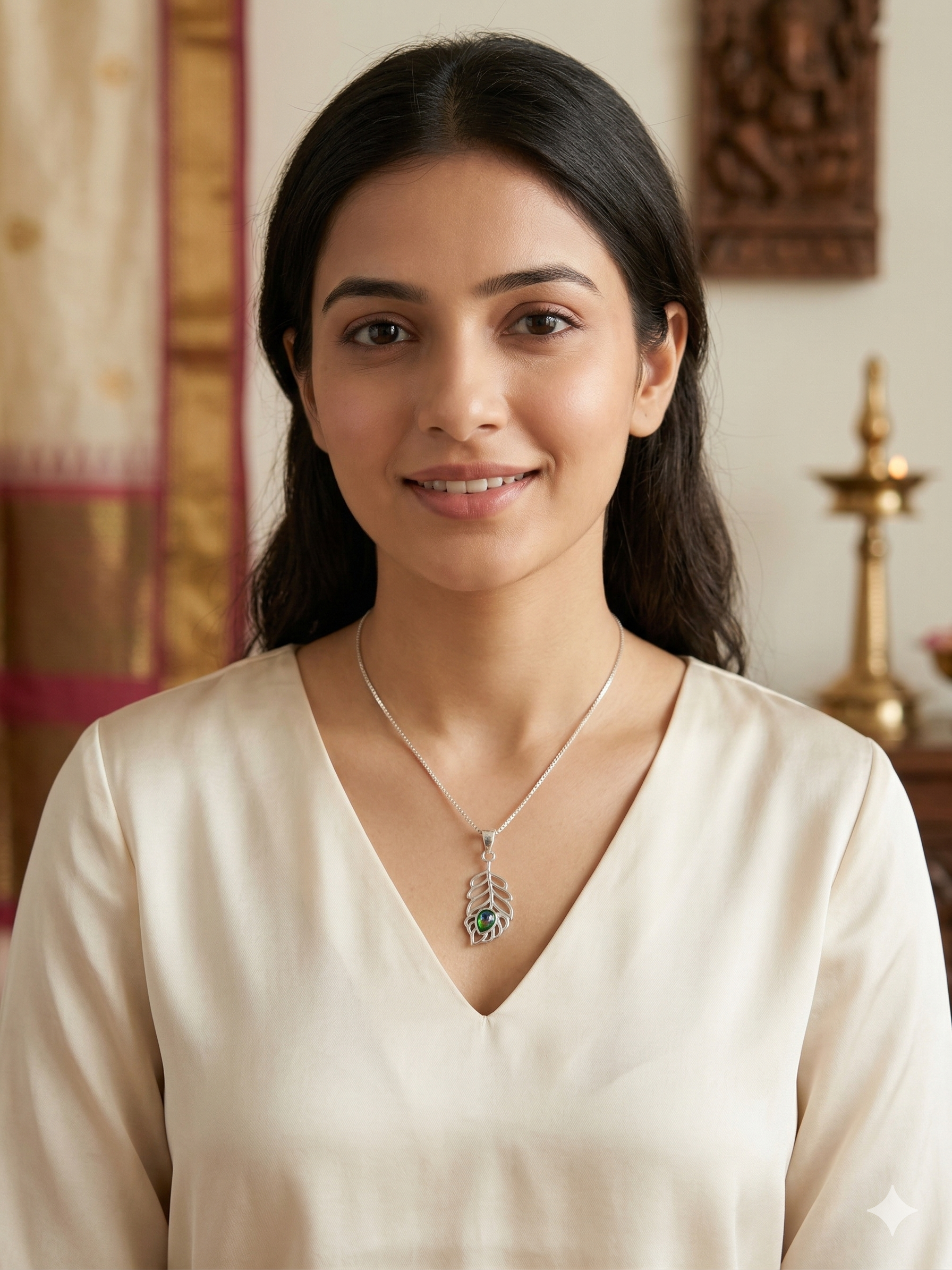 Zaviraa 925 Sterling Silver Cutout Mor Pankh Pendant with Enamel Detail & Box Chain