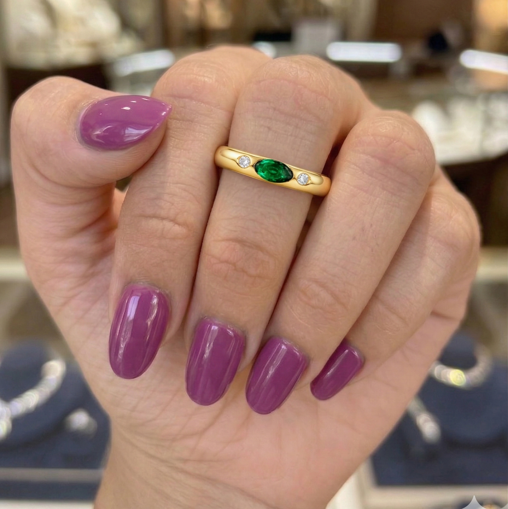 Zaviraa 925 Sterling Silver Gold Plated Green Moissanite Dome Ring for Women – East West Oval Emerald Look Statement Ring | Minimal Luxury Band