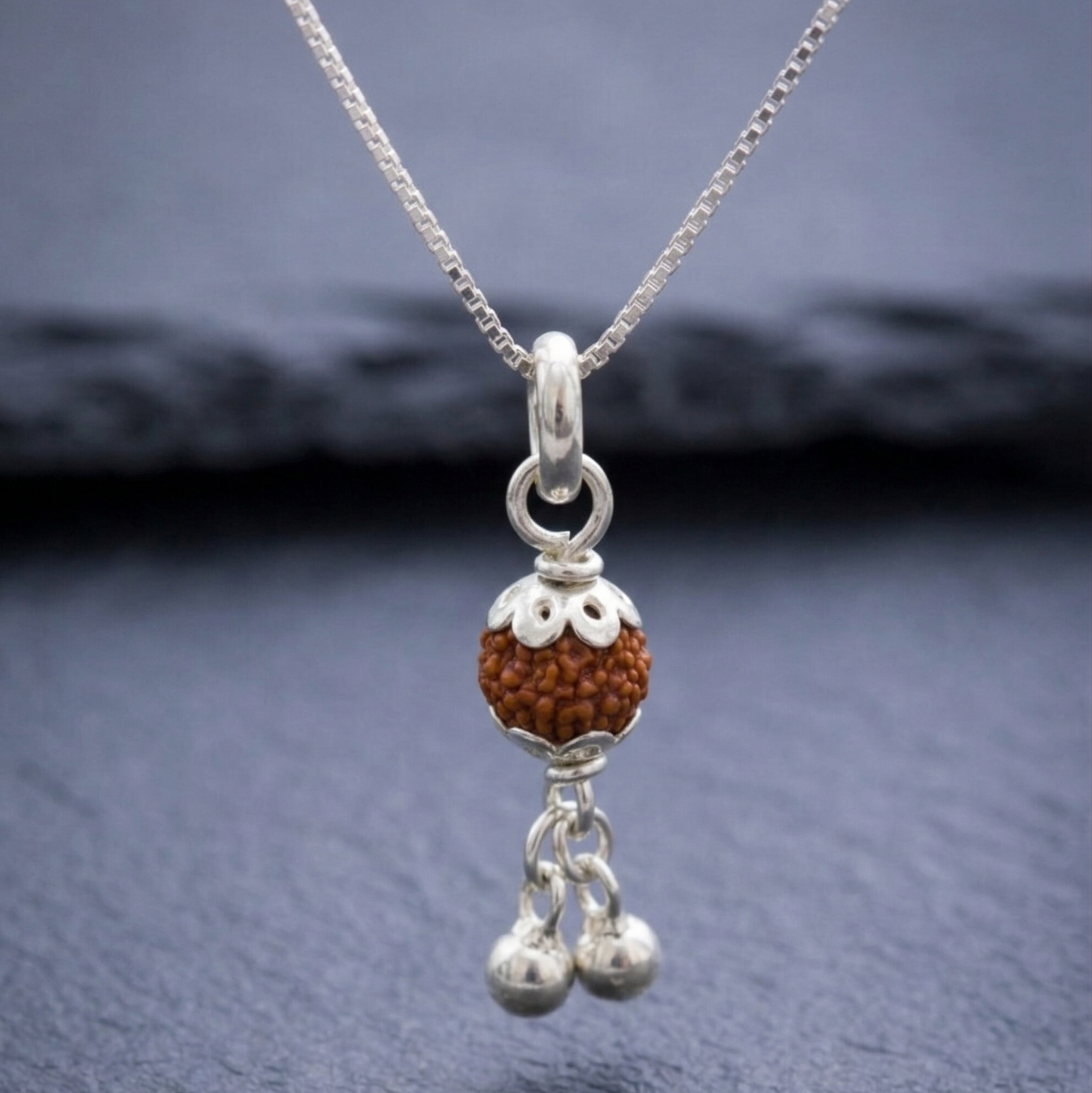 Zaviraa 925 Sterling Silver Rudraksha Pendant (6MM) with Dual Ghughri | Natural Rudraksh with Silver Caps | Pure Chandi Spiritual Jewellery | Pendant & Chain Options
