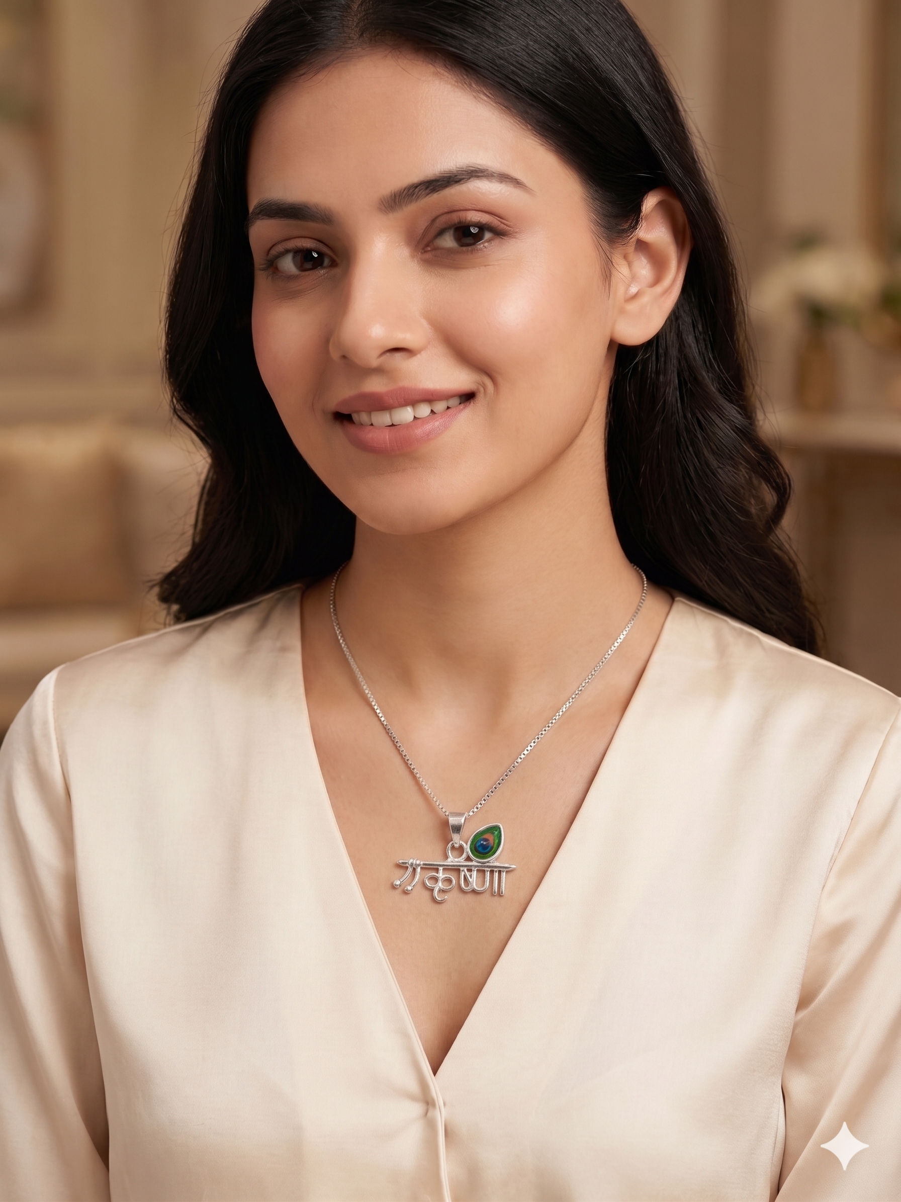 Zaviraa 925 Sterling Silver Krishna Name Pendant with Mor Pankh & Flute