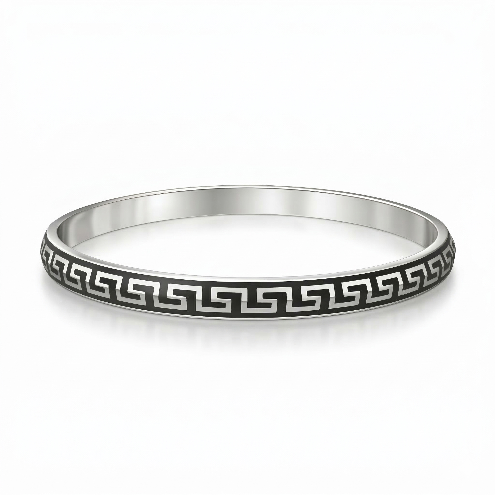 Men’s 925 Sterling Silver Greek Pattern Kada with Black Enamel | Designer Bracelet for Men