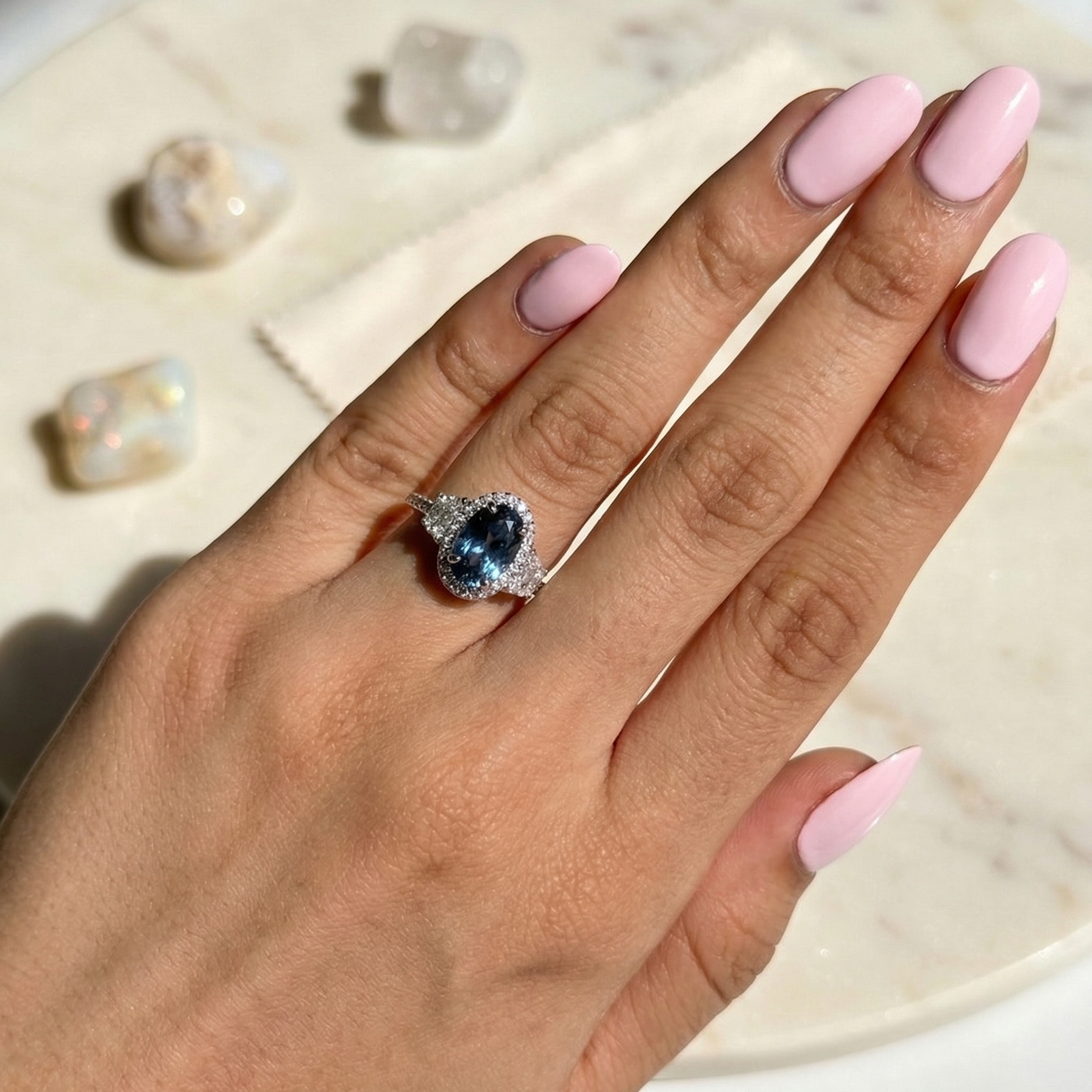 Zaviraa 2.50 CTW Oval Dark Blue Moissanite Halo Engagement Ring for Women – 925 Sterling Silver Statement Proposal Ring | Luxury Bridal Jewellery