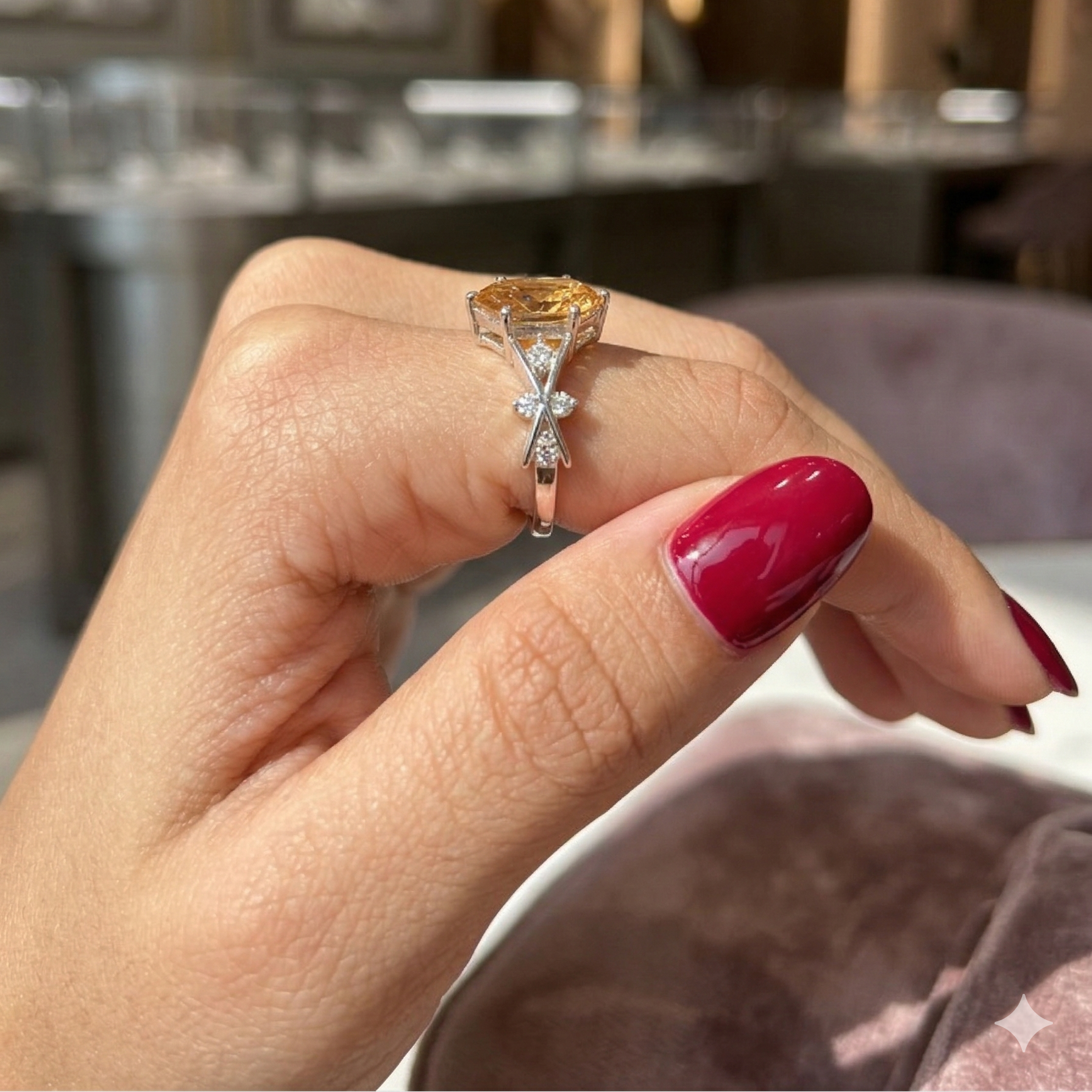 Zaviraa 925 Sterling Silver Champagne Moissanite Marquise Engagement Ring for Women – Twig Design Proposal Ring | Luxury Bridal Statement