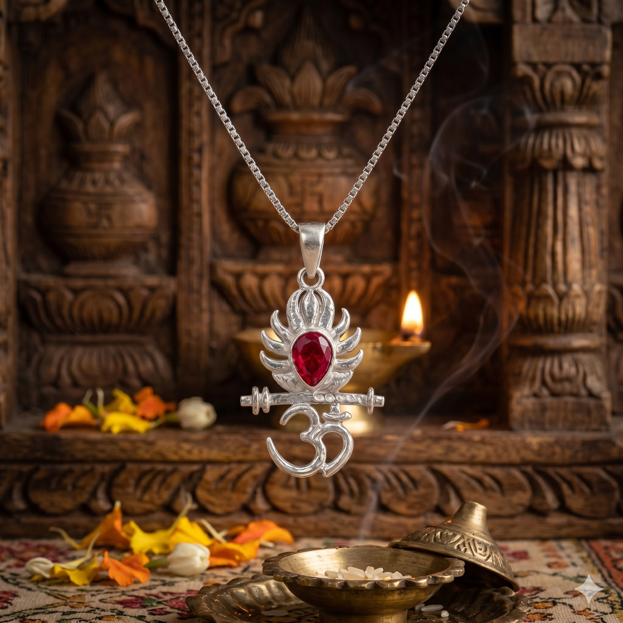 Zaviraa 925 Sterling Silver Om & Krishna Flute Pendant with Red Stone & Box Chain