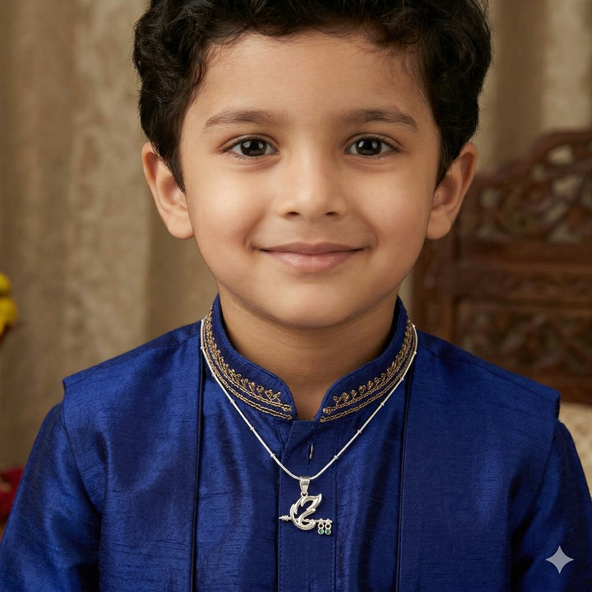925 Sterling Silver Kids Krishna Flute Pendant Chain | Divine Necklace for Boys & Girls with Green CZ