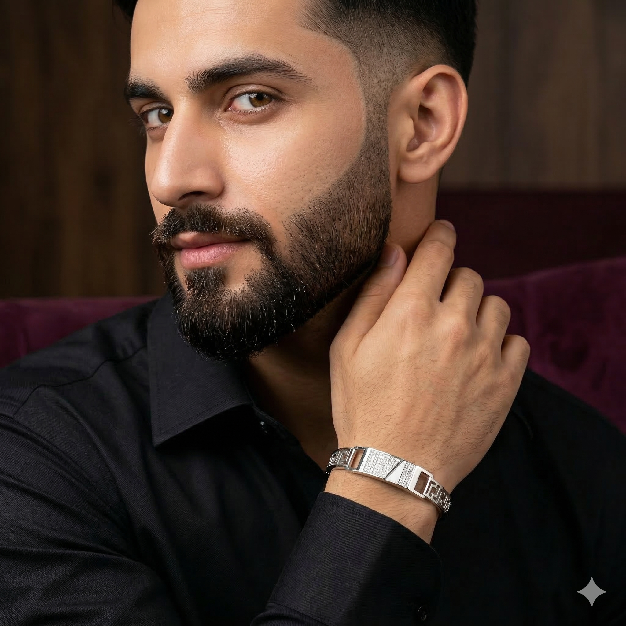 925 Sterling Silver Designer Kada for Men | Stone Studded Geometric Pattern Bracelet