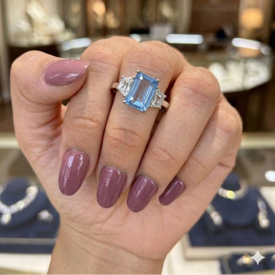 Zaviraa Emerald Cut Aquamarine Three Stone Engagement Ring for Women – 925 Sterling Silver Finish with Trapezoid Moissanite Accents | Celebrity Style Proposal Ring