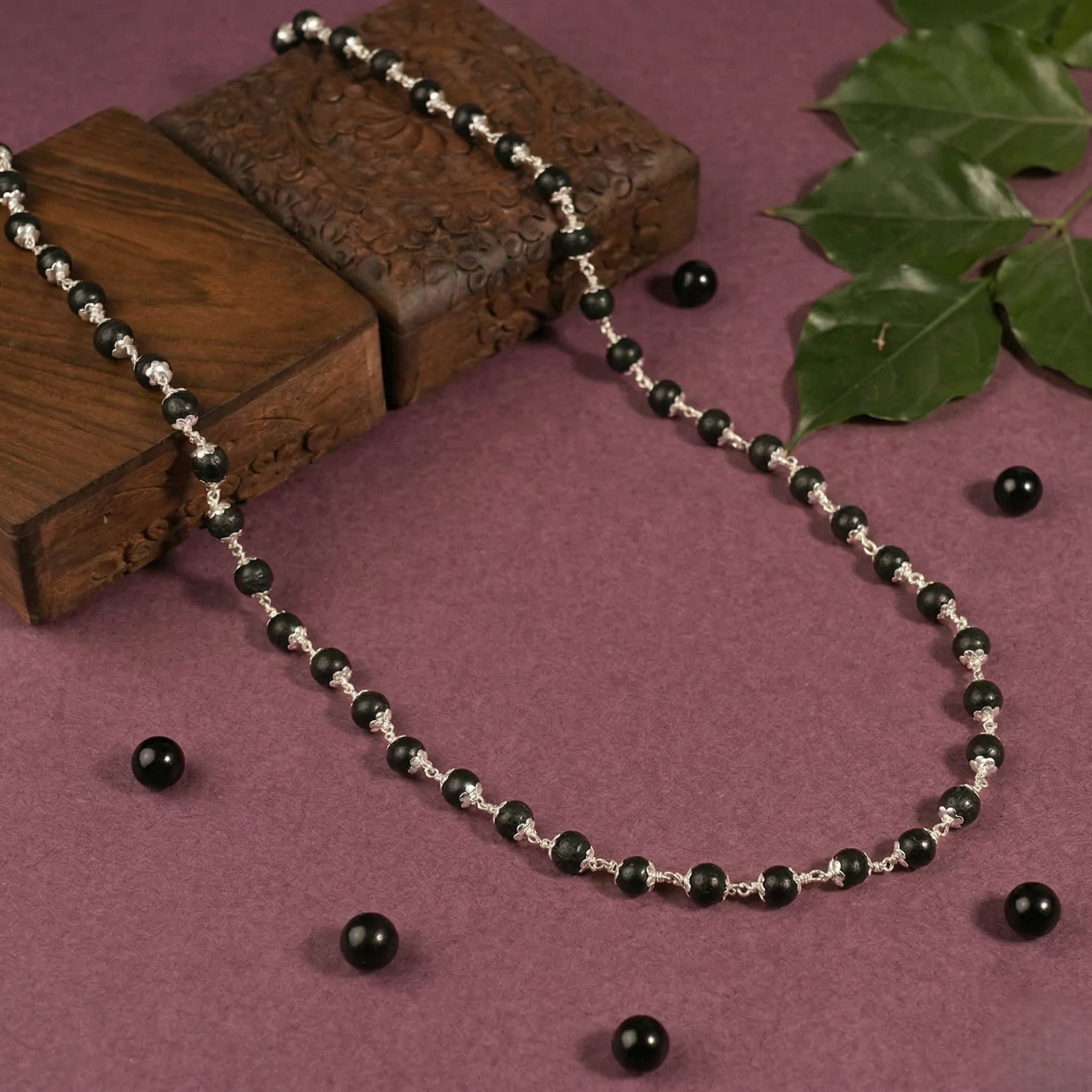 Zaviraa 925 Sterling Silver Karungali Mala (6–7MM) | Natural Ebony Wood Beads Mala for Men & Women | Dual Silver Wire Design Cap | Pure Chandi Spiritual Necklace