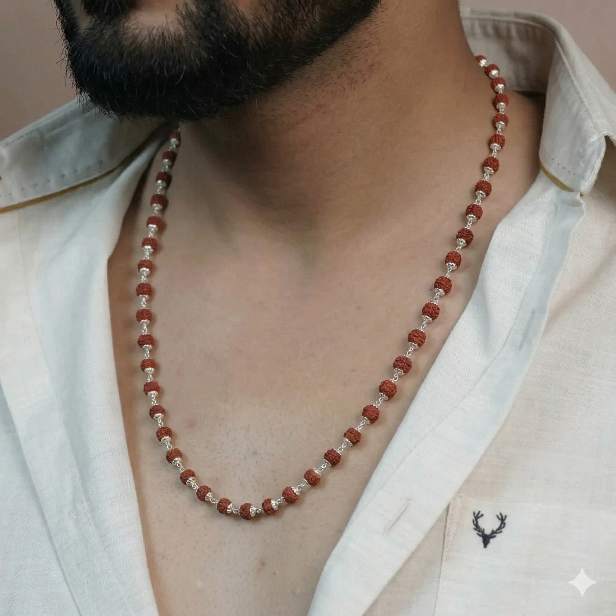 Zaviraa 925 Sterling Silver Rudraksha Mala (8MM Beads) | Natural Rudraksh Chain Mala for Men & Women | Pure Chandi Spiritual Necklace | Daily Wear & Meditation Jewellery