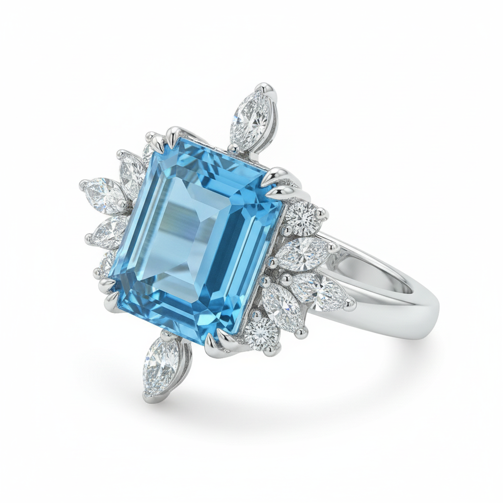 Zaviraa Emerald Cut Aquamarine Halo Engagement Ring for Women – 925 Sterling Silver Floral Moissanite Accent Ring | Elegant Proposal Ring