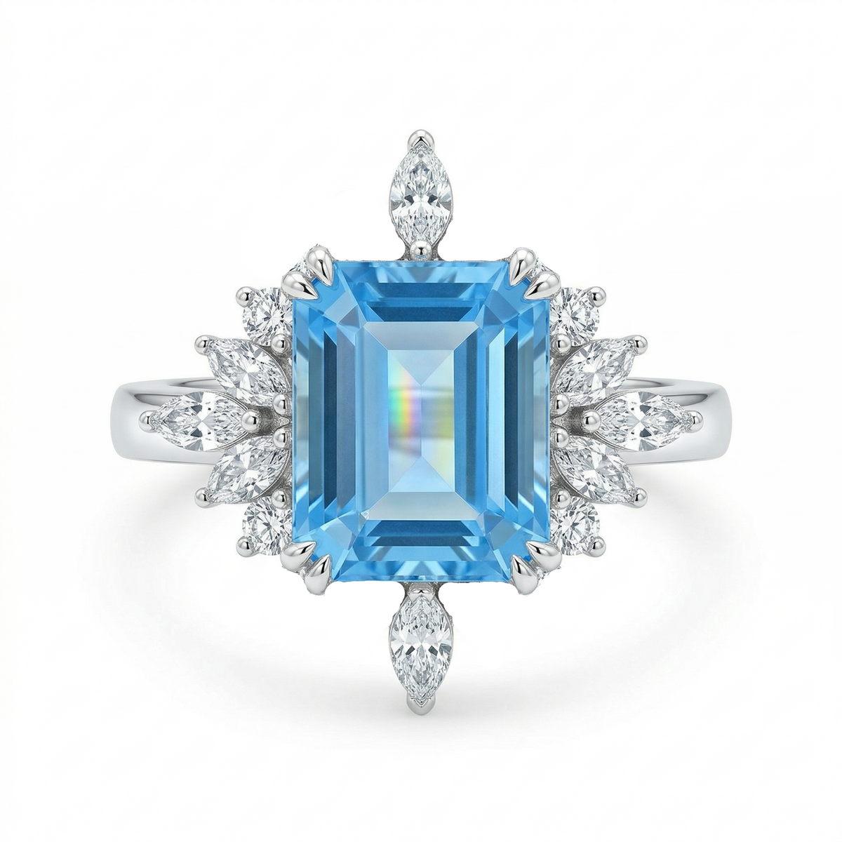 Zaviraa Emerald Cut Aquamarine Halo Engagement Ring for Women – 925 Sterling Silver Floral Moissanite Accent Ring | Elegant Proposal Ring