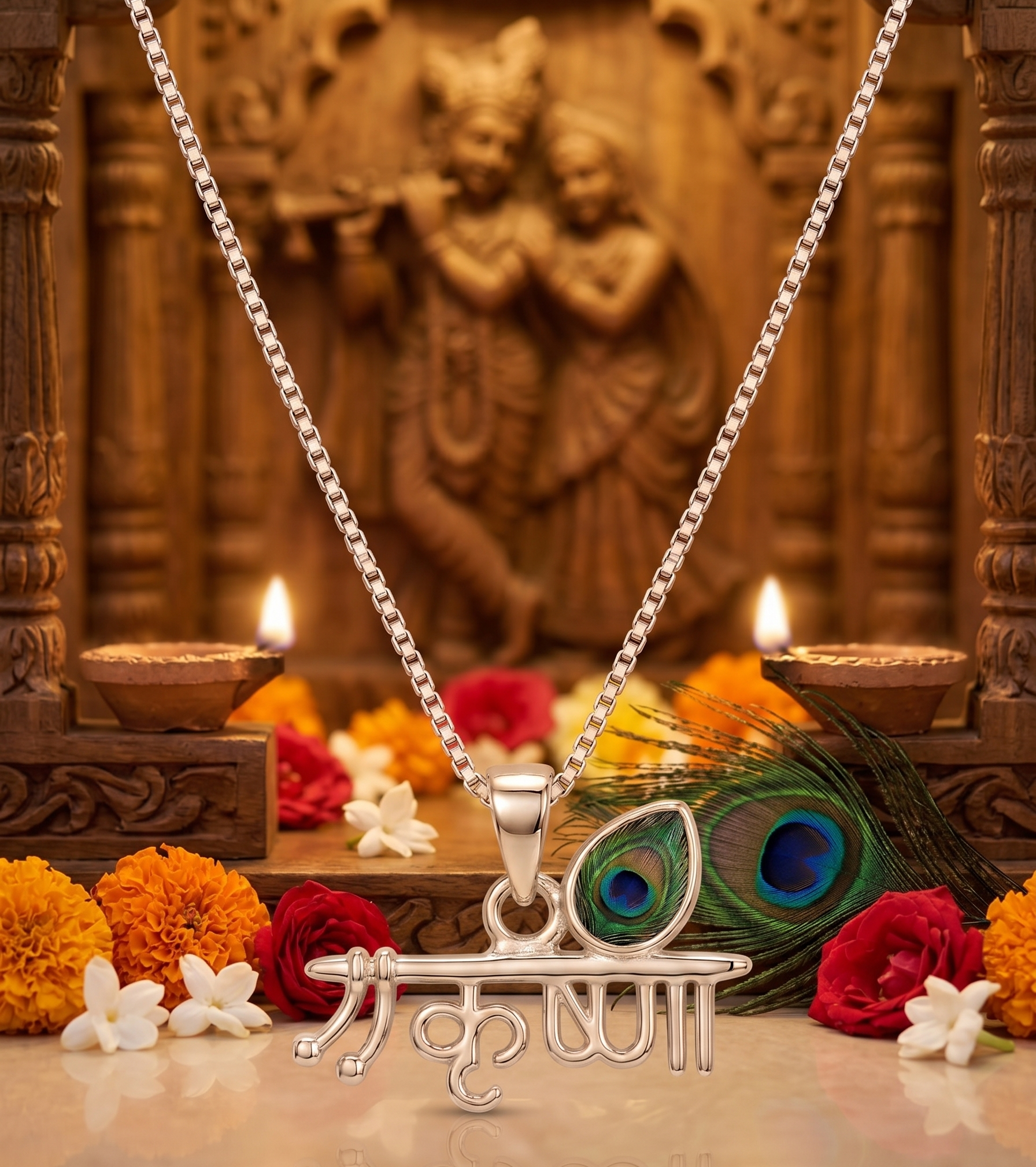 Zaviraa 925 Sterling Silver Krishna Name Pendant with Mor Pankh & Flute