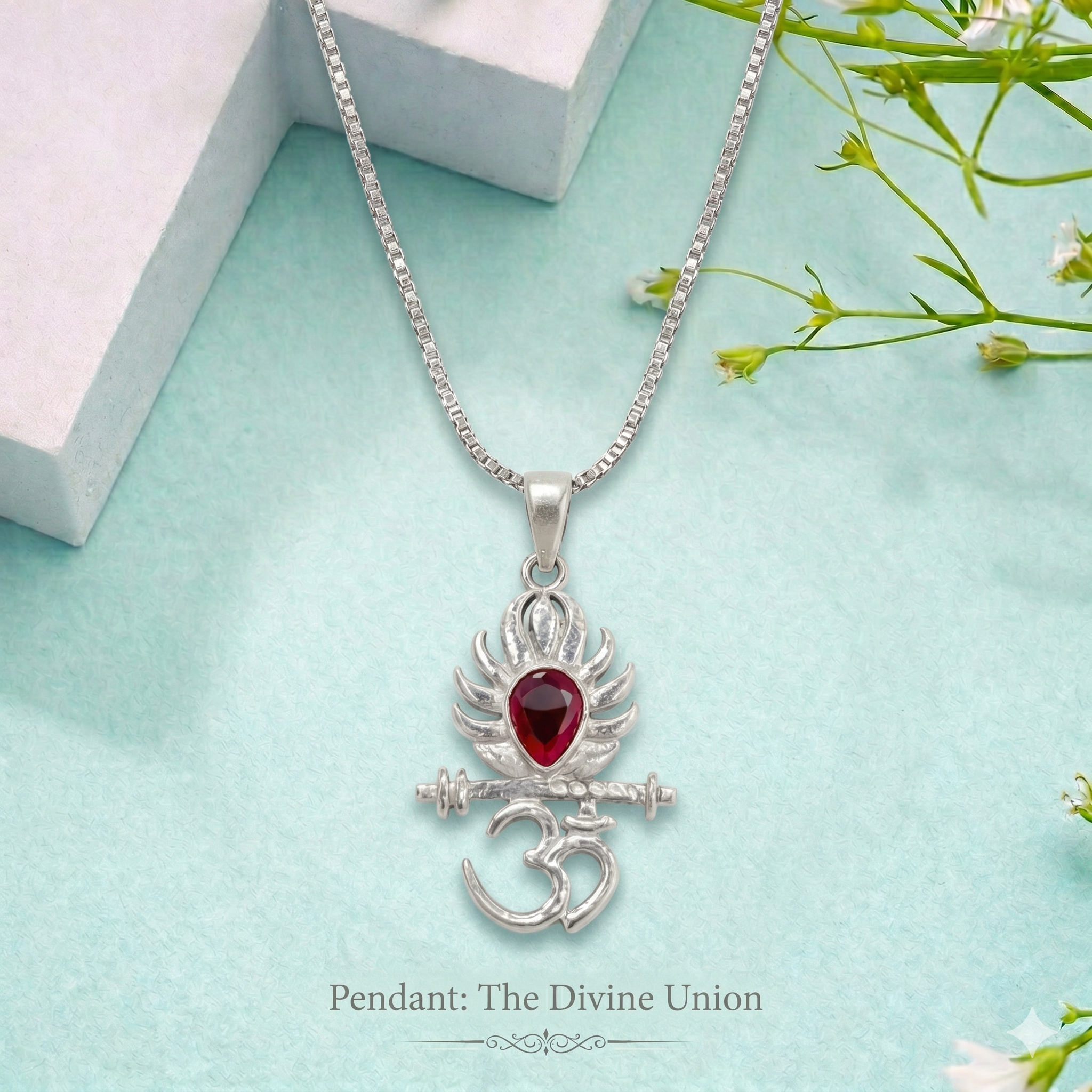 Zaviraa 925 Sterling Silver Om & Krishna Flute Pendant with Red Stone & Box Chain