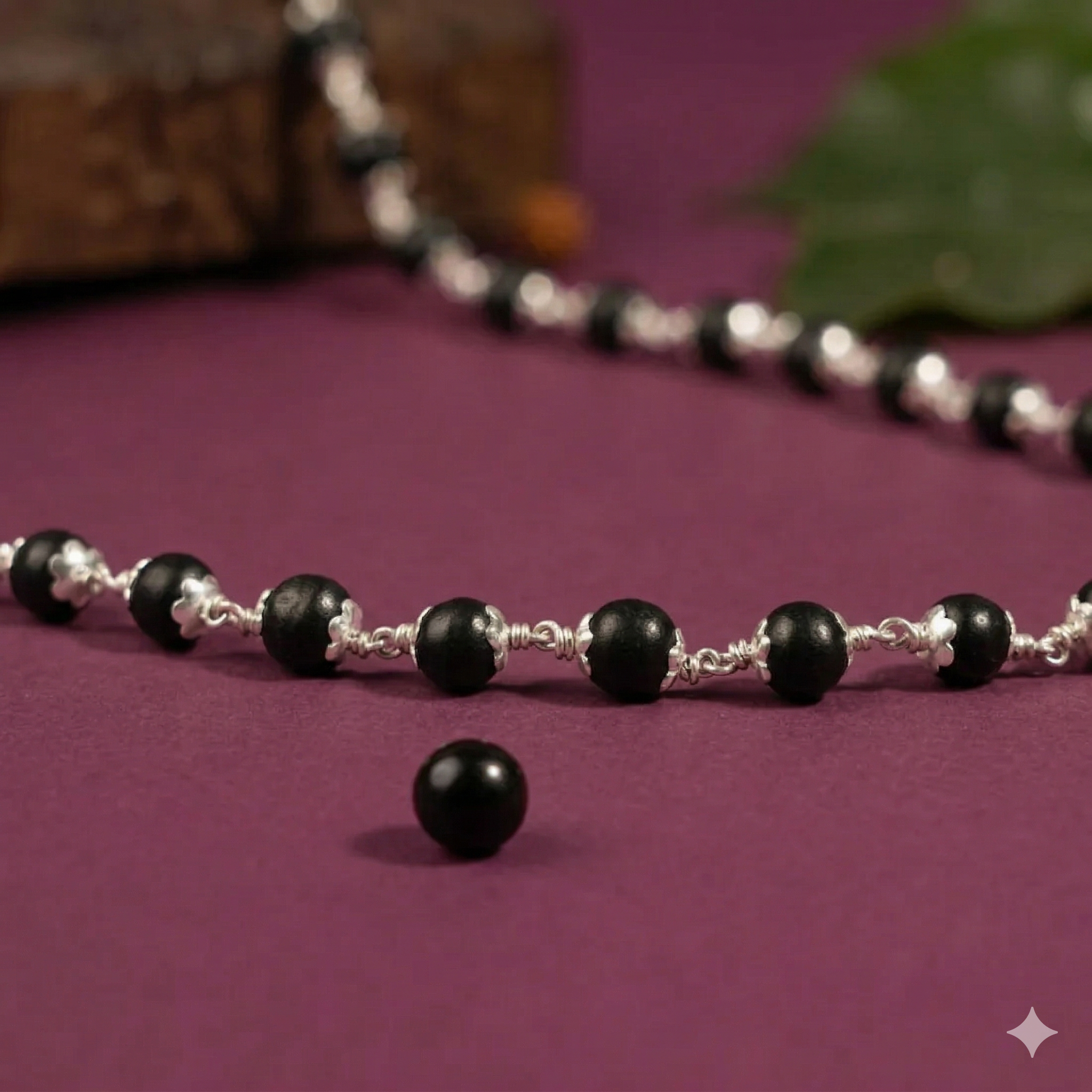 Zaviraa 925 Sterling Silver Karungali Mala (6–7MM) | Natural Ebony Wood Beads Mala for Men & Women | Dual Silver Wire Design Cap | Pure Chandi Spiritual Necklace