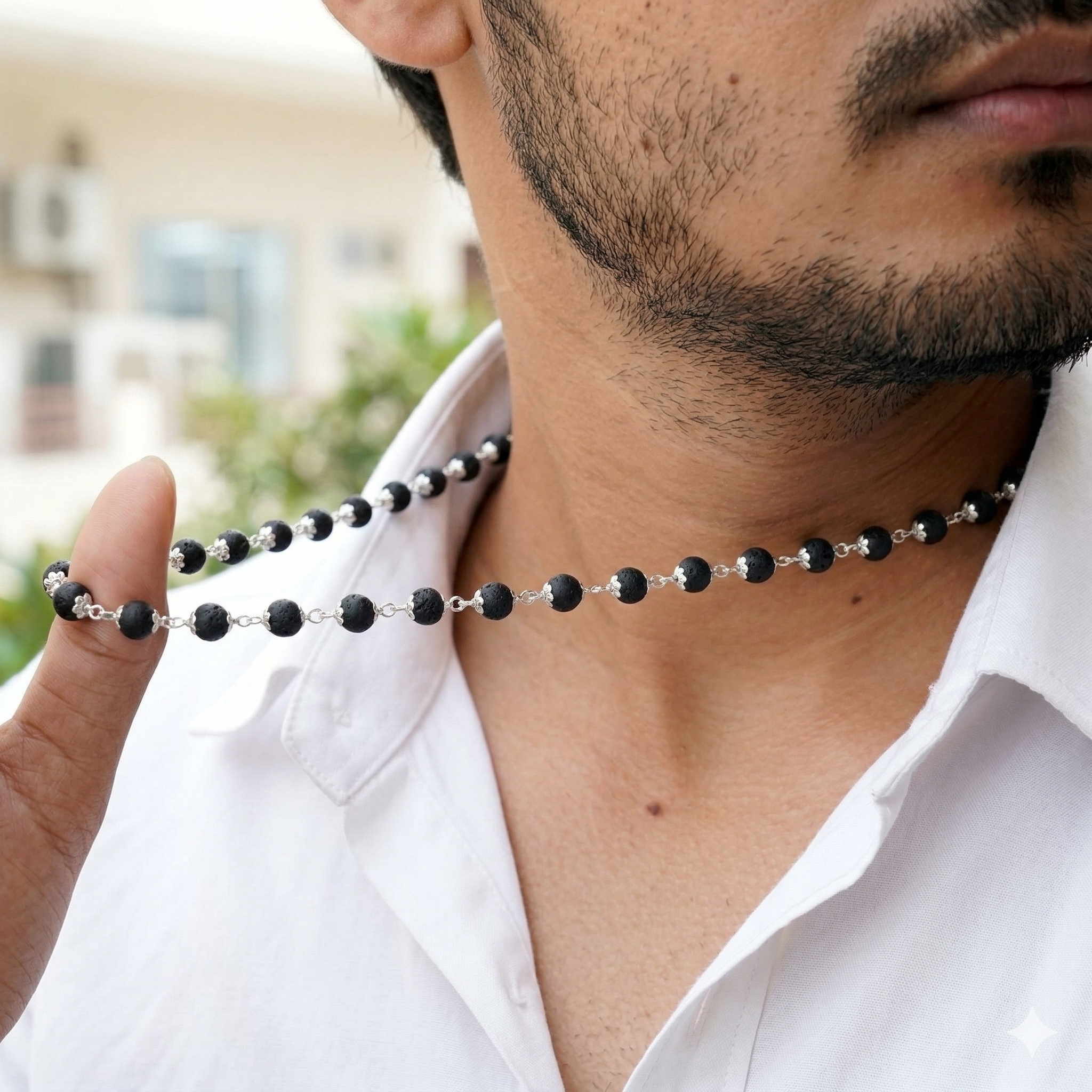 Zaviraa 925 Sterling Silver Karungali Mala (6–7MM) | Natural Ebony Wood Beads Mala for Men & Women | Dual Silver Wire Design Cap | Pure Chandi Spiritual Necklace