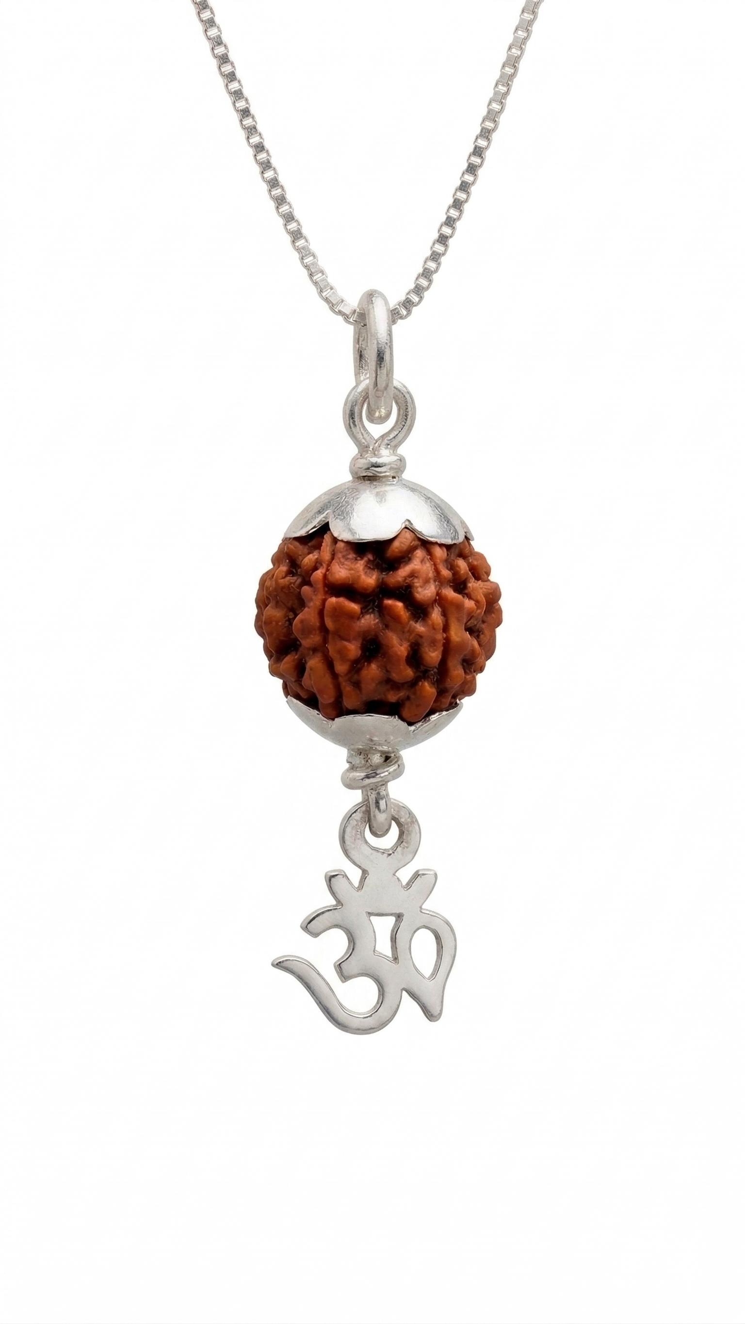 Zaviraa 925 Sterling Silver Rudraksha Om Pendant (8.5MM) | Natural Rudraksh with Dual Silver Caps & ॐ Charm | Pure Chandi Spiritual Jewellery | Pendant & Chain Options