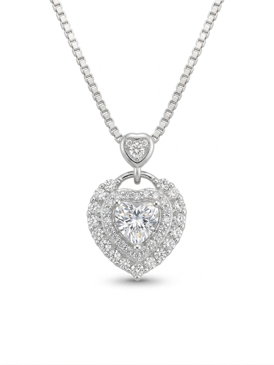 925 Sterling Silver Double Heart Diamond Pendant Necklace