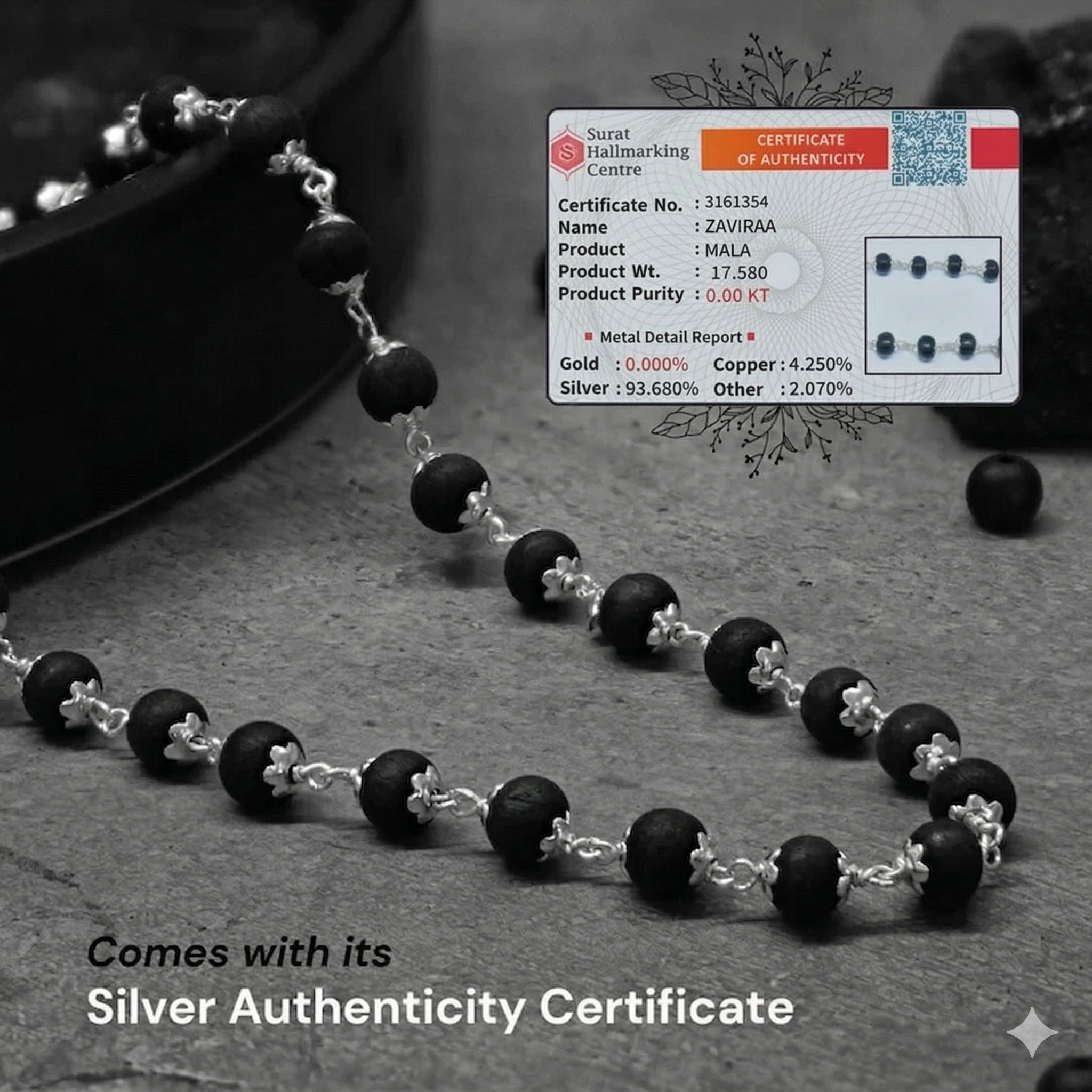 Zaviraa 925 Sterling Silver Karungali Mala (6–7MM) | Natural Ebony Wood Beads Mala for Men & Women | Dual Silver Wire Design Cap | Pure Chandi Spiritual Necklace
