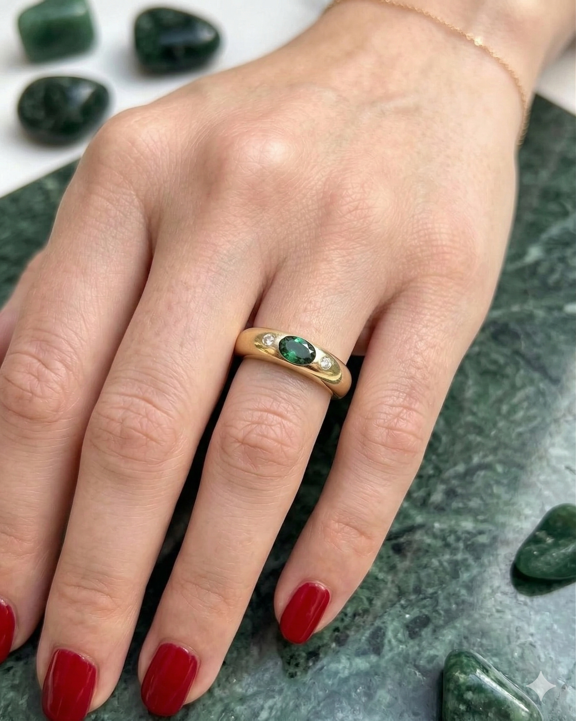 Zaviraa 925 Sterling Silver Gold Plated Green Moissanite Dome Ring for Women – East West Oval Emerald Look Statement Ring | Minimal Luxury Band