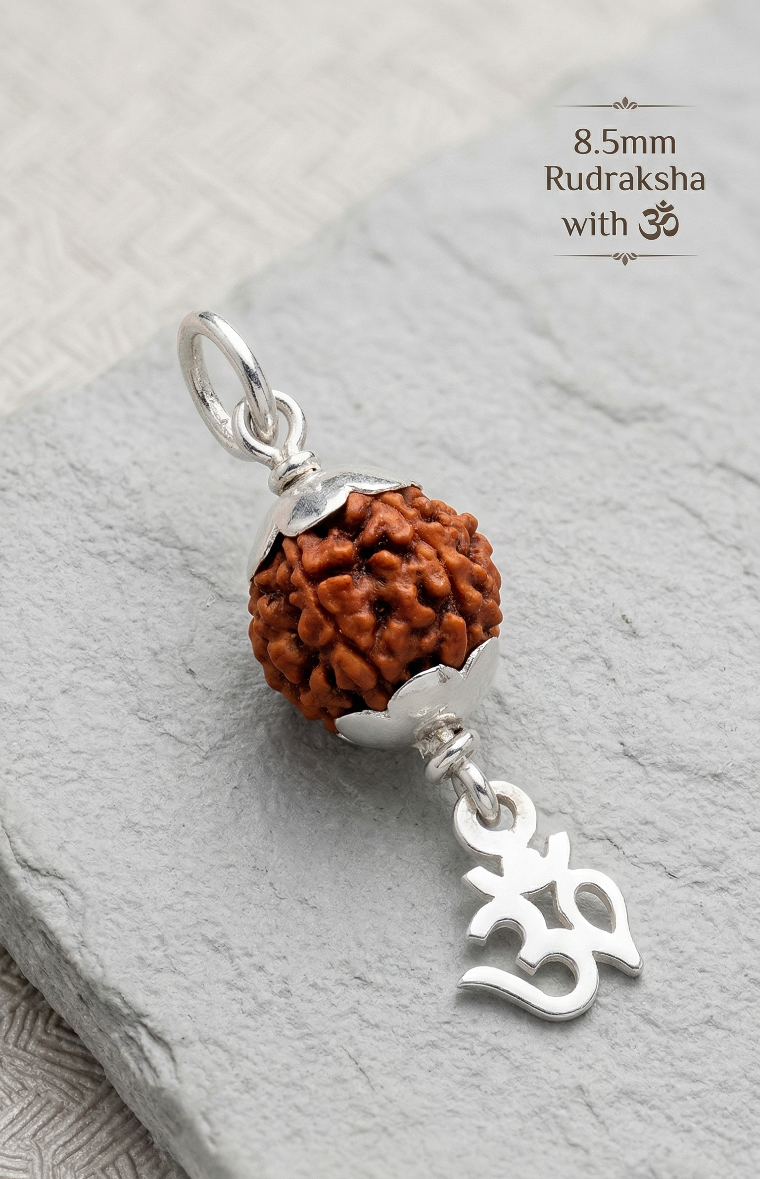 Zaviraa 925 Sterling Silver Rudraksha Om Pendant (8.5MM) | Natural Rudraksh with Dual Silver Caps & ॐ Charm | Pure Chandi Spiritual Jewellery | Pendant & Chain Options